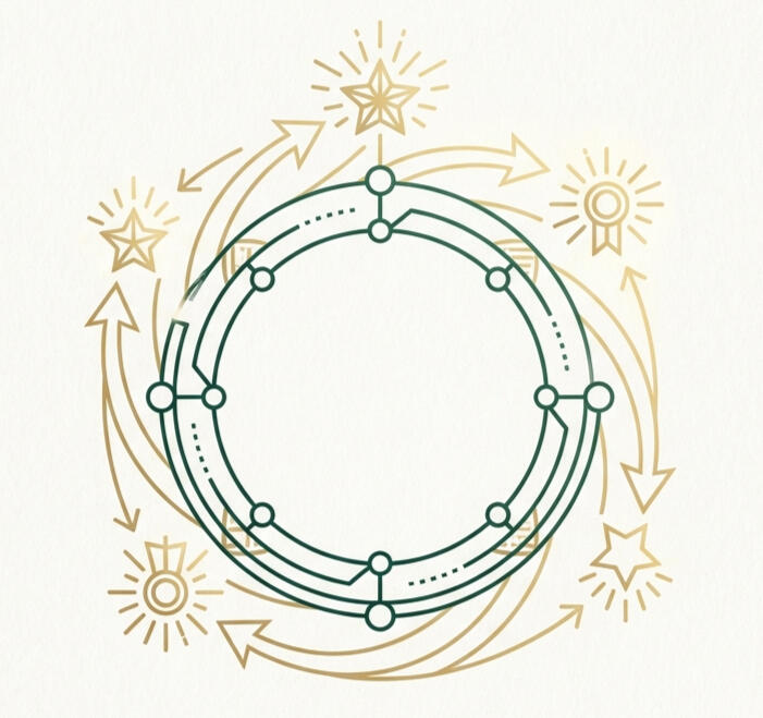 Circular loyalty program cycle with reward points and repeat purchase flow